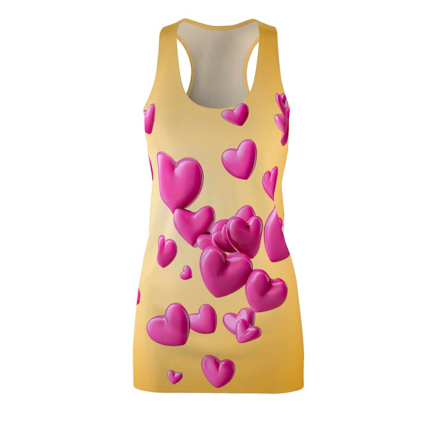 Goldgelbes Racerback Kleid mit pinken 3D Herzen – Farbverlauf