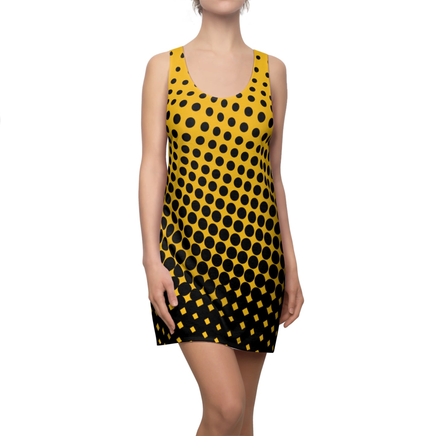 Black Yellow Polka Dot Racerback – Retro Sleeveless Mini Dress