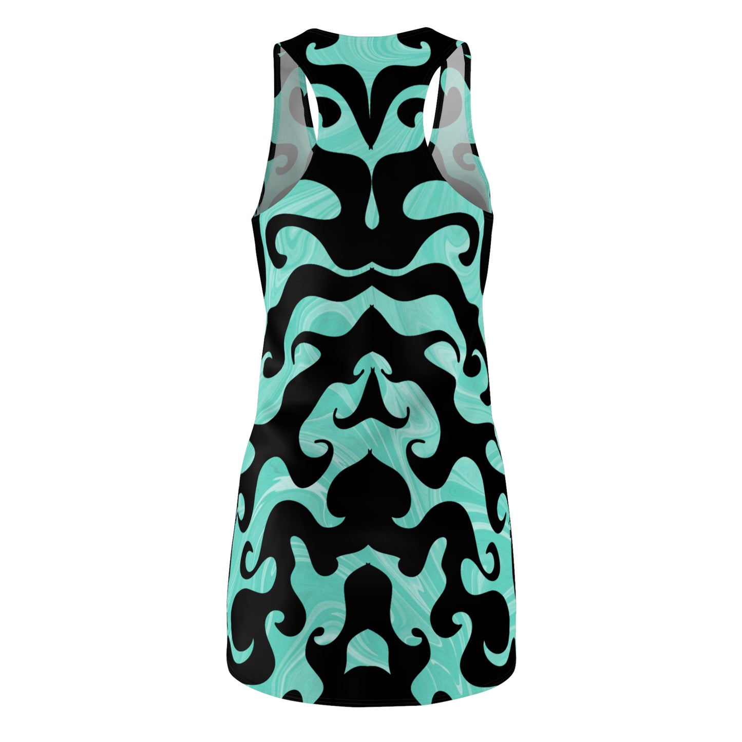Racerback Kleid mit türkisem Marmormuster und schwarzem Ornamentdesign