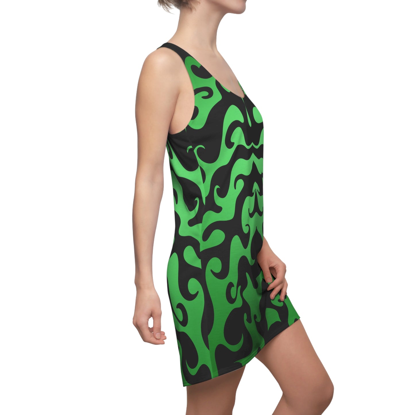 Racerback Kleid mit grafischem Ornamentmuster in Grün-Schwarz