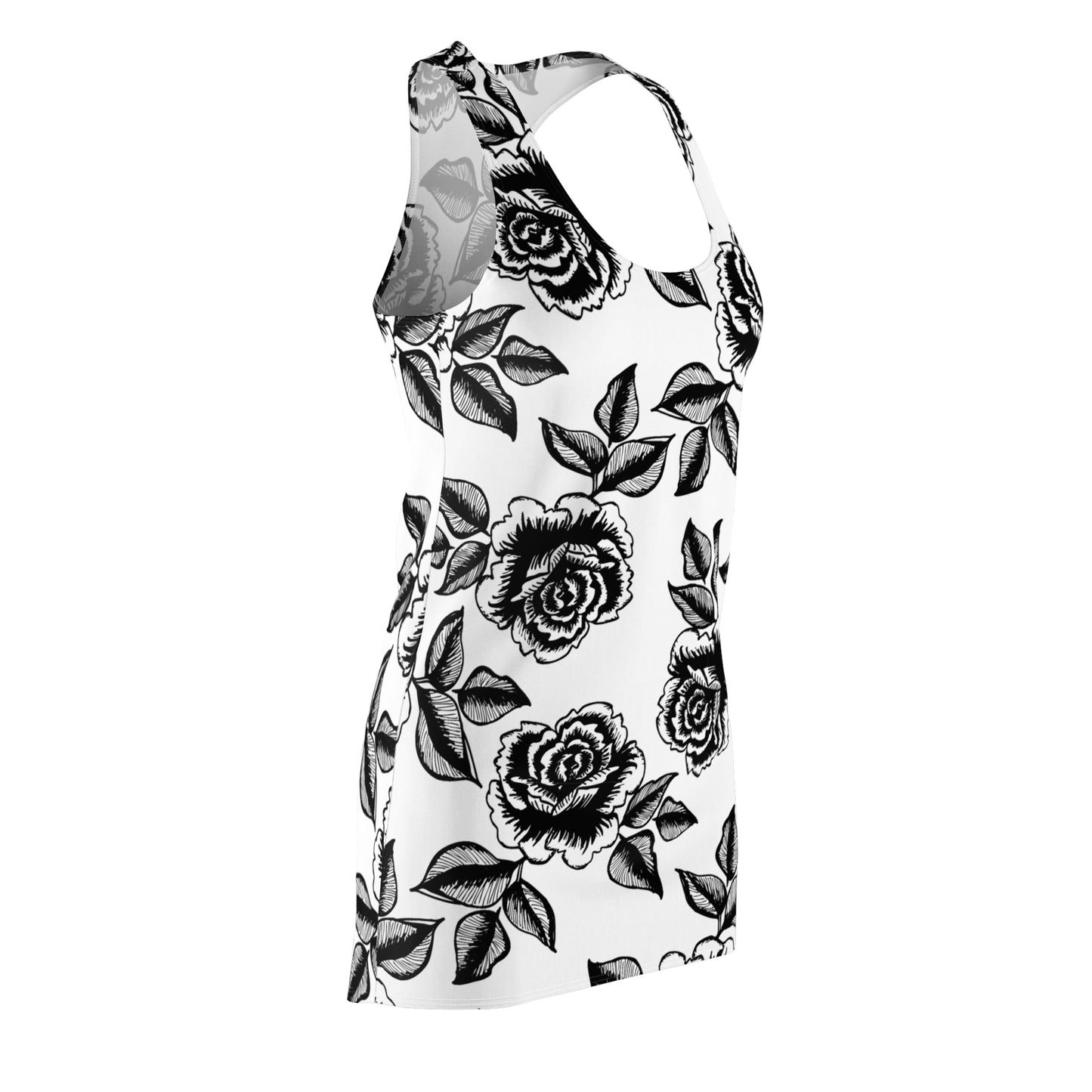 Floral Racerback Kleid – Schwarz-Weiß Rosenmuster, Sommer & Freizeit
