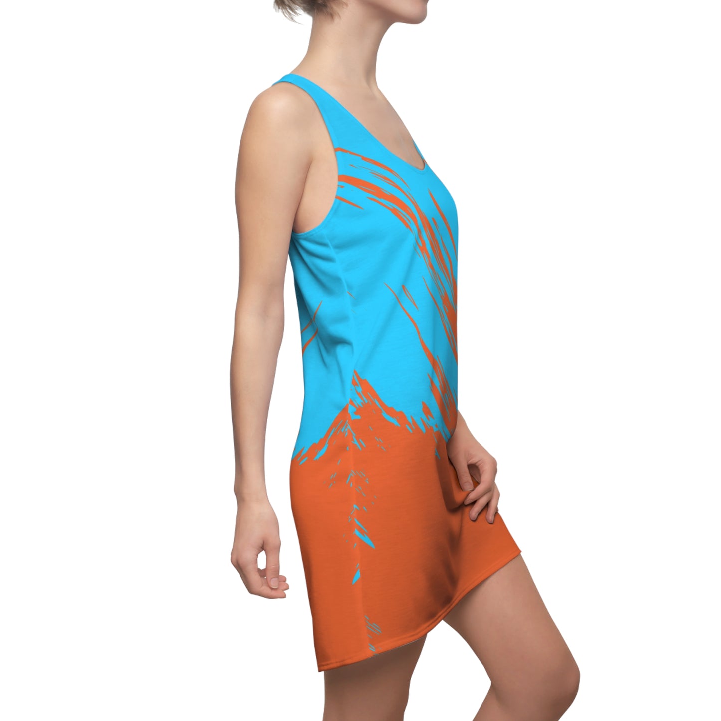 Türkis-Oranges Racerback Kleid mit abstraktem Pinselprint