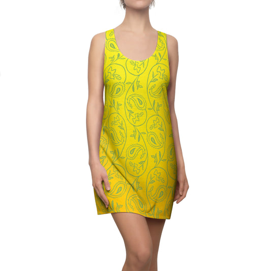 Damen Sommerkleid Gelb mit Farbverlauf und Paisley Muster
