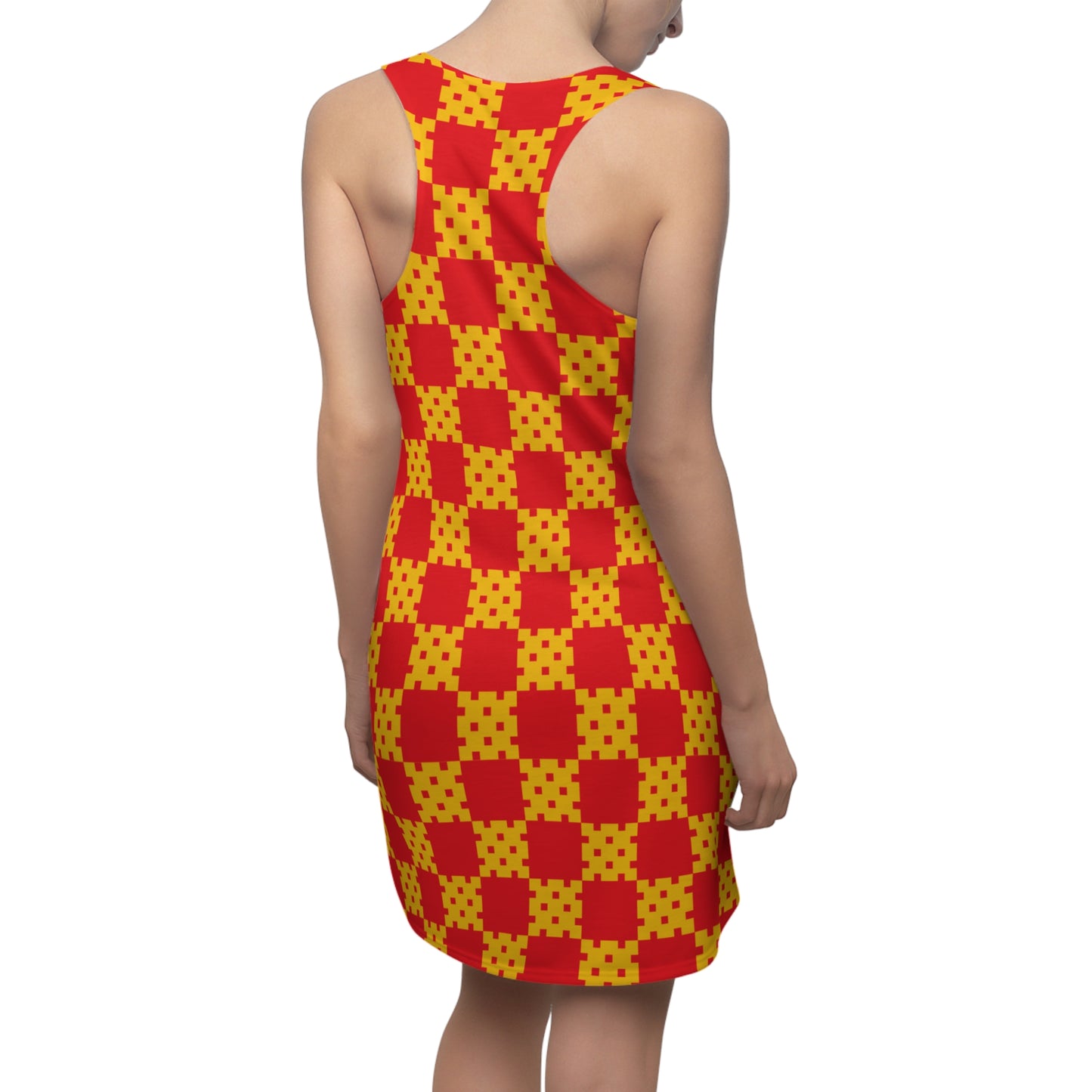 Rot-Gelbes Racerback Kleid mit geometrischem Karomuster
