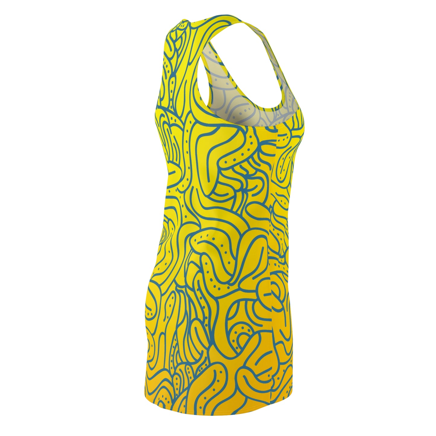 Vibrant Yellow Abstract Print Racerback Dress | Summer Beach Dress | Women’s Sleeveless Casual Dress | Trendy Party Outfit | Bold Graphic Fashion Dress