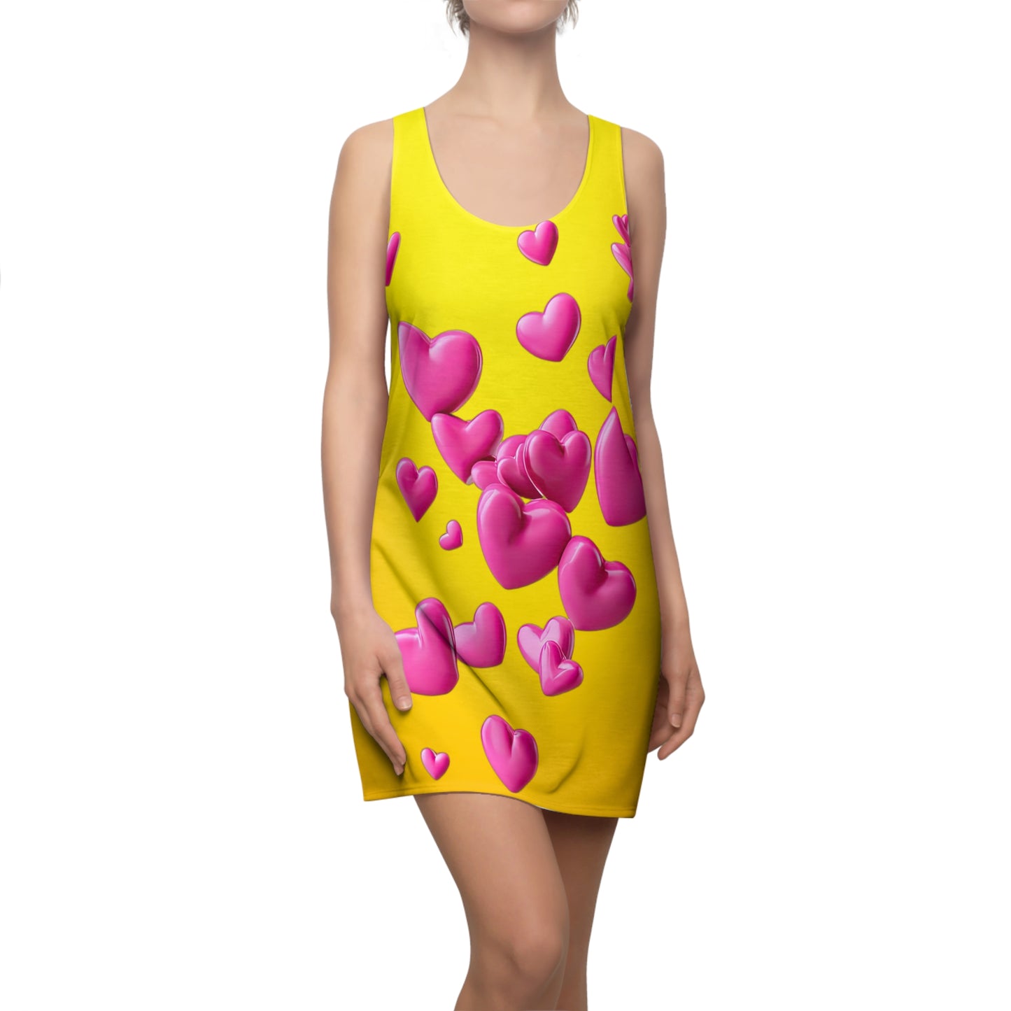 Gelbes Racerback Kleid mit pinken 3D Herzen – Farbverlauf