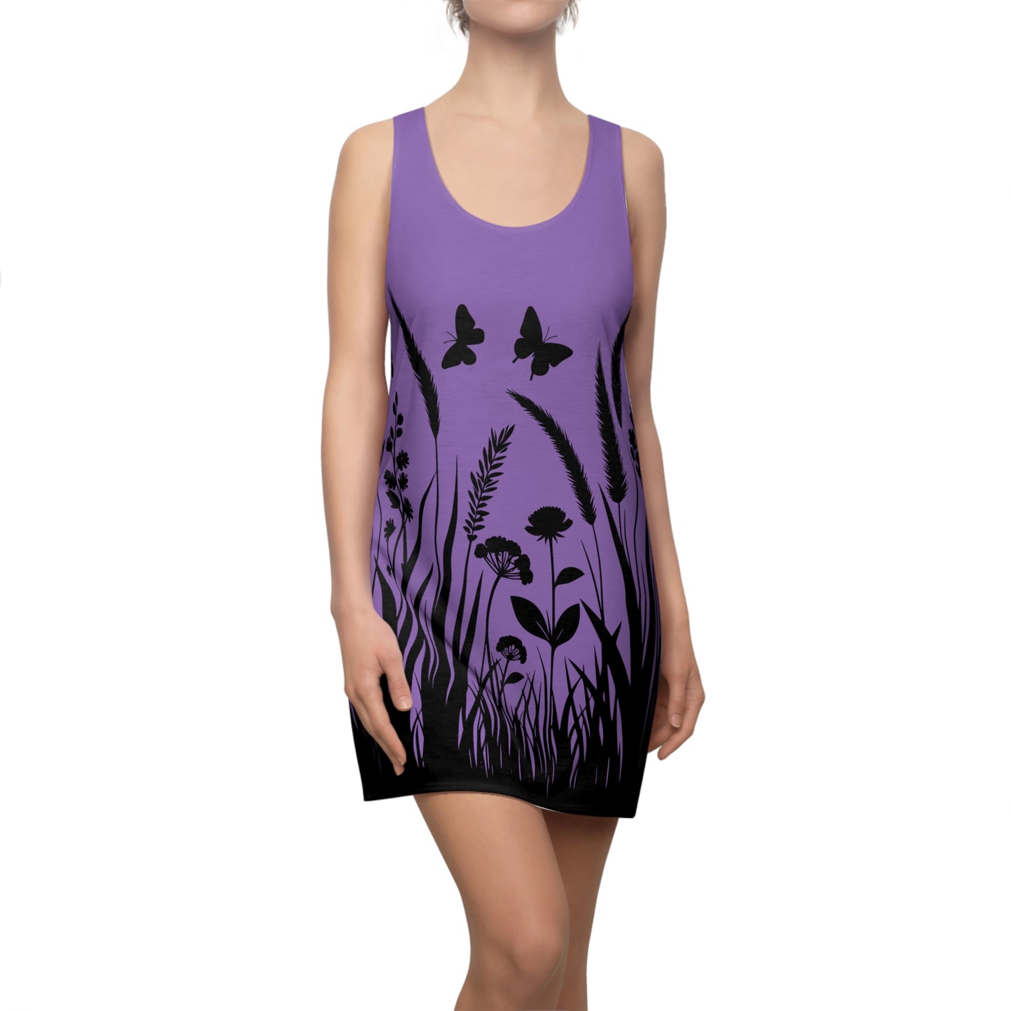 Lilanes Naturmuster Racerback Kleid – Schmetterling & Blumen Design