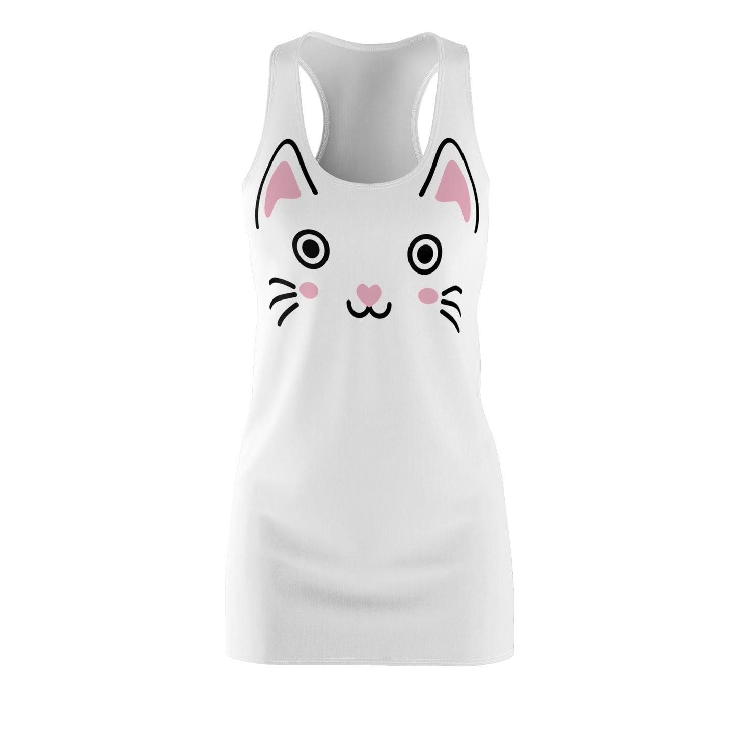 Weißes Racerback Kleid mit Kawaii Katzenface Design