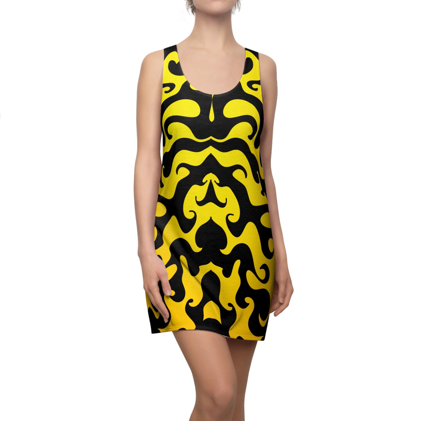 Racerback Kleid mit grafischem Ornamentmuster in Gelb-Schwarz