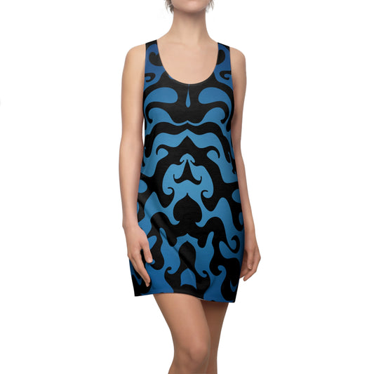 Racerback Kleid mit grafischem Ornamentmuster in Blau-Schwarz