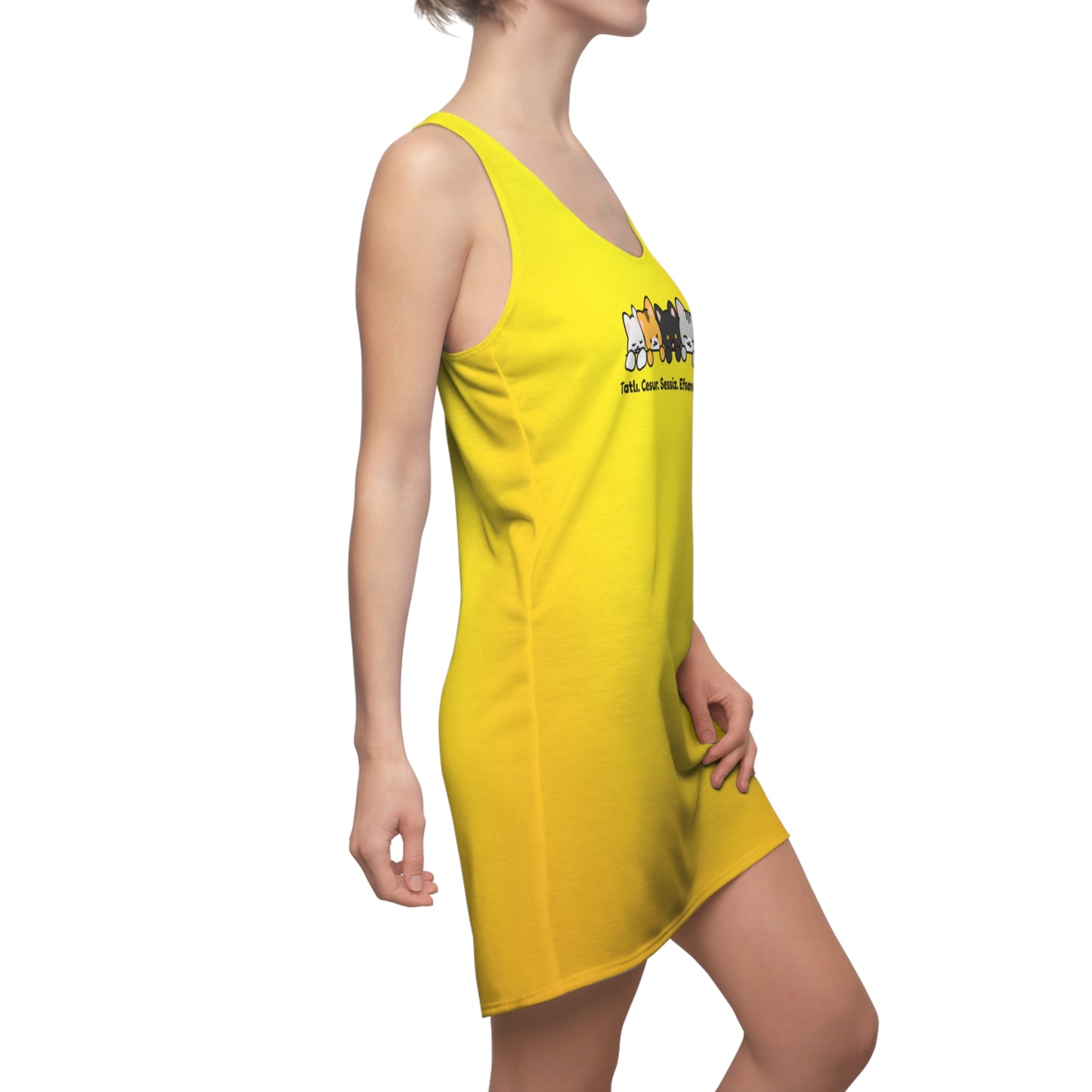 Racerback Kleid mit Katzenmotiv und Schriftzug – verspielt & modern