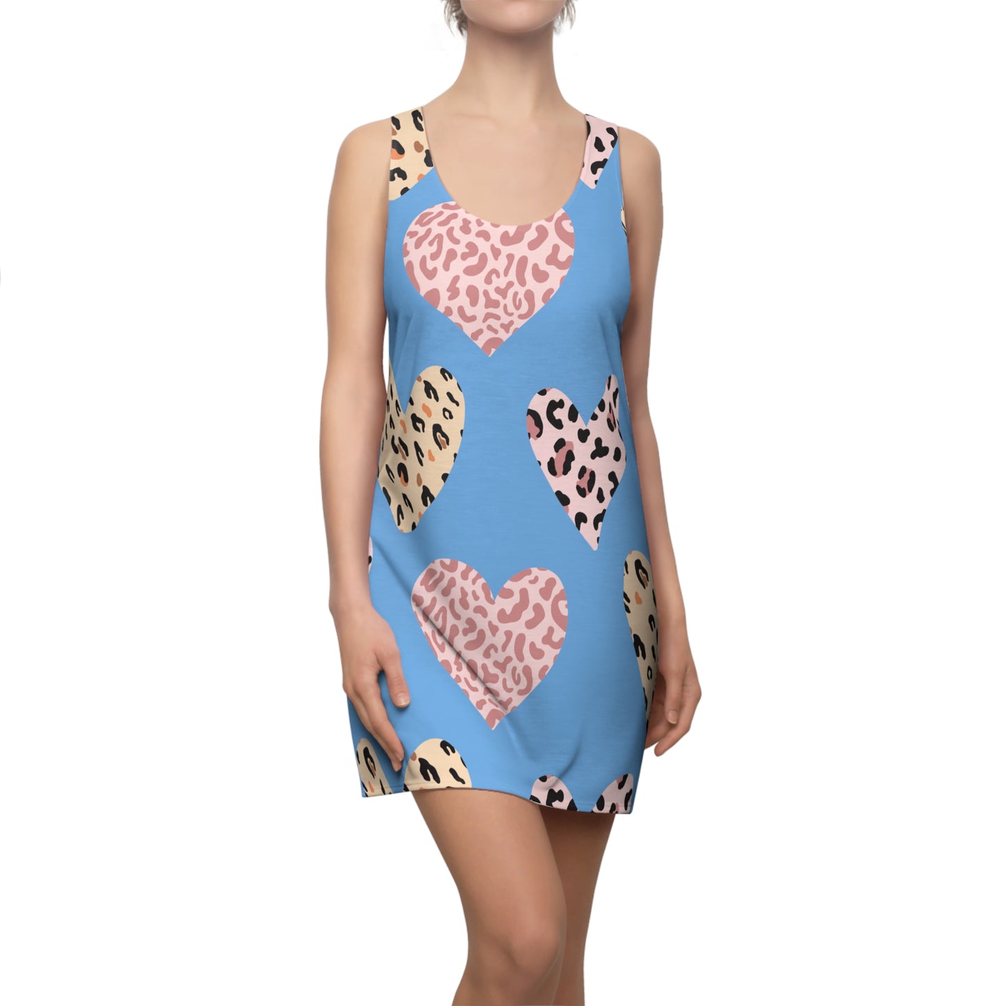 Hellblau Herz Leopard Racerback Kleid – Weiß Pink Sommerkleid