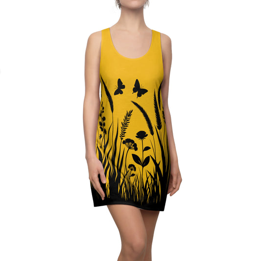 Gelbes Naturmuster Racerback Kleid – Schmetterling & Blumen Design