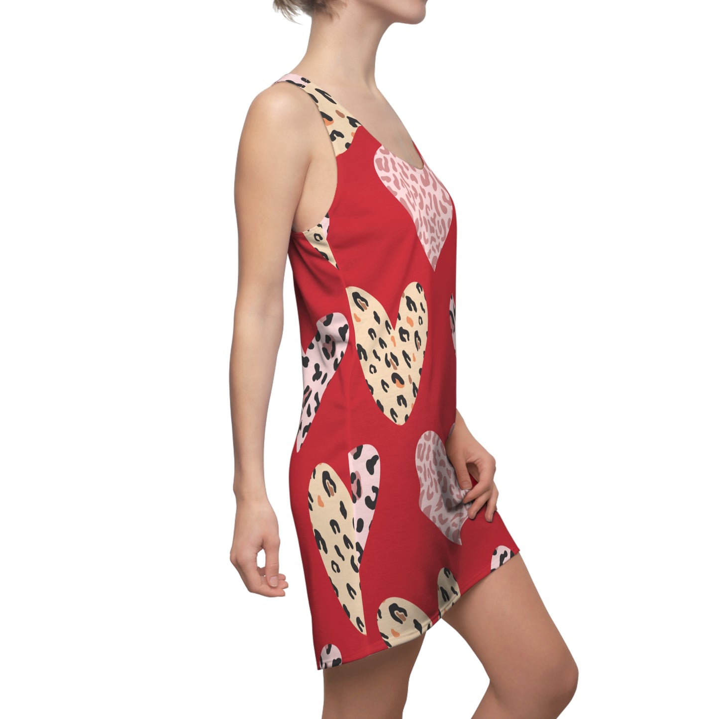 Dunkelrot Herz Leopard Racerback Kleid – Weiß Pink Sommerkleid