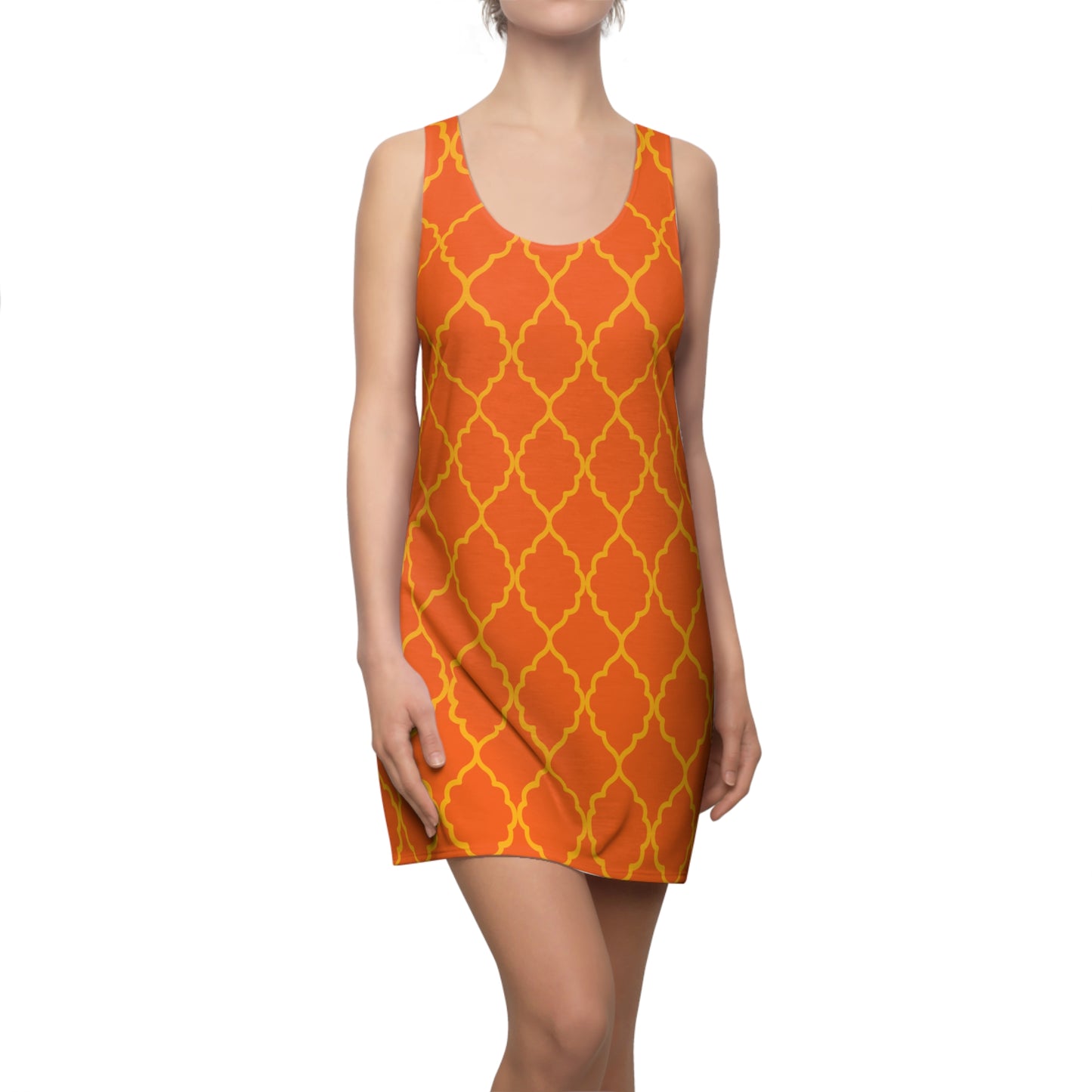 Oranges Racerback Kleid mit goldenem Ornamentmuster