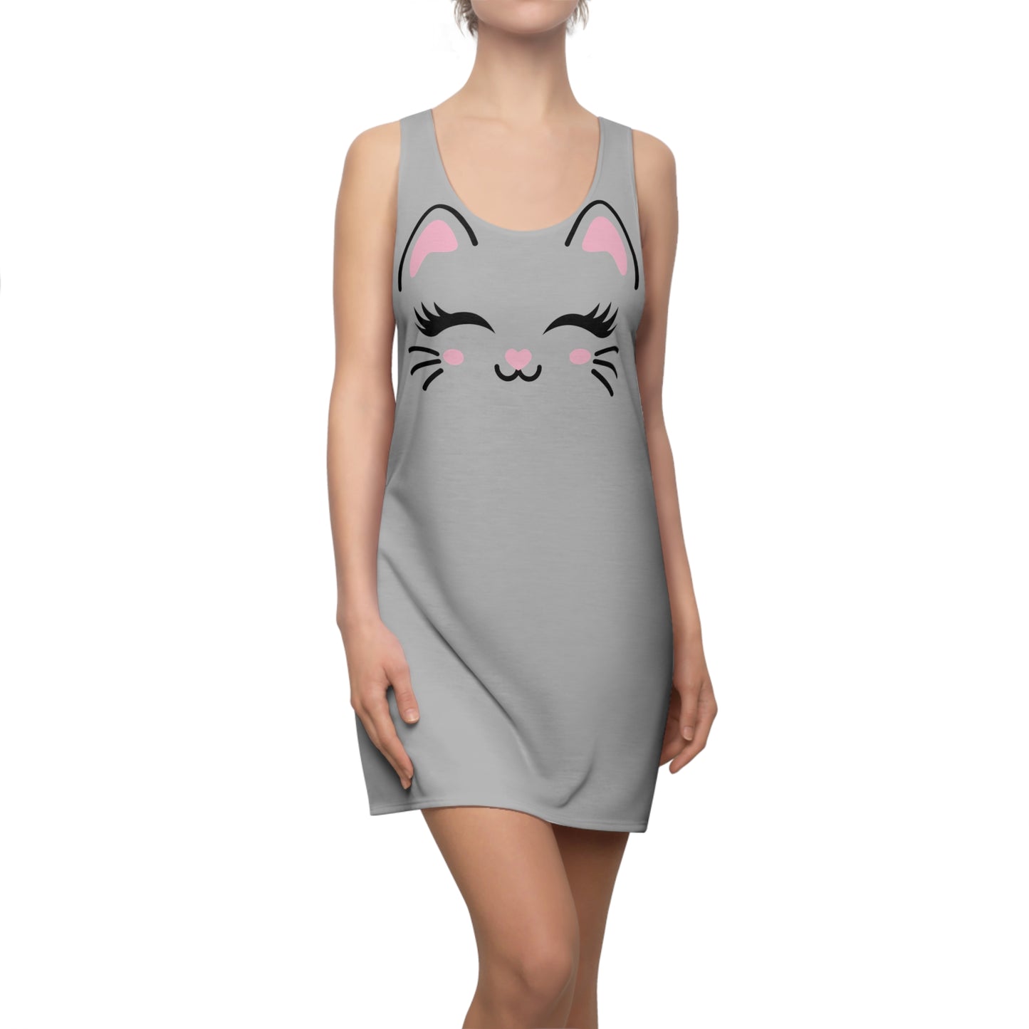 Racerback Kleid mit Cute Katzenmotiv in Grau