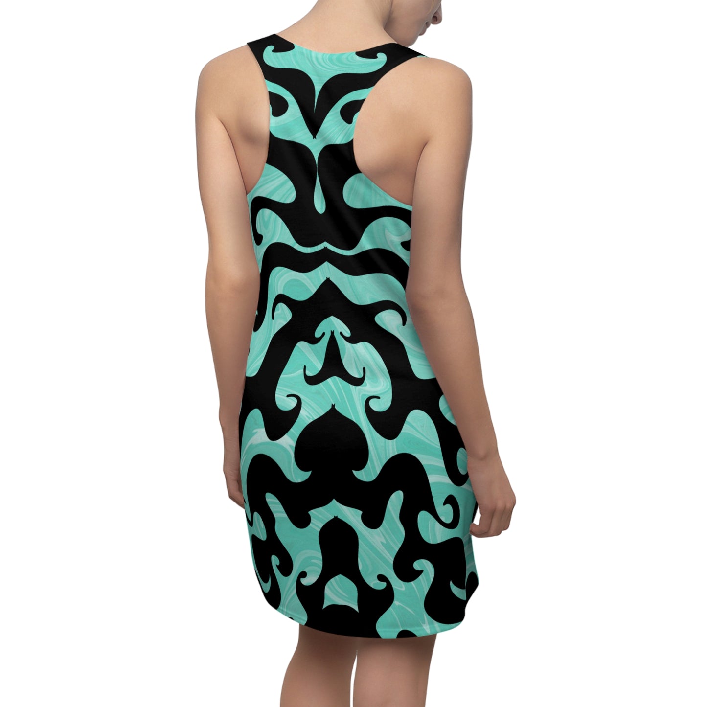 Racerback Kleid mit türkisem Marmormuster und schwarzem Ornamentdesign