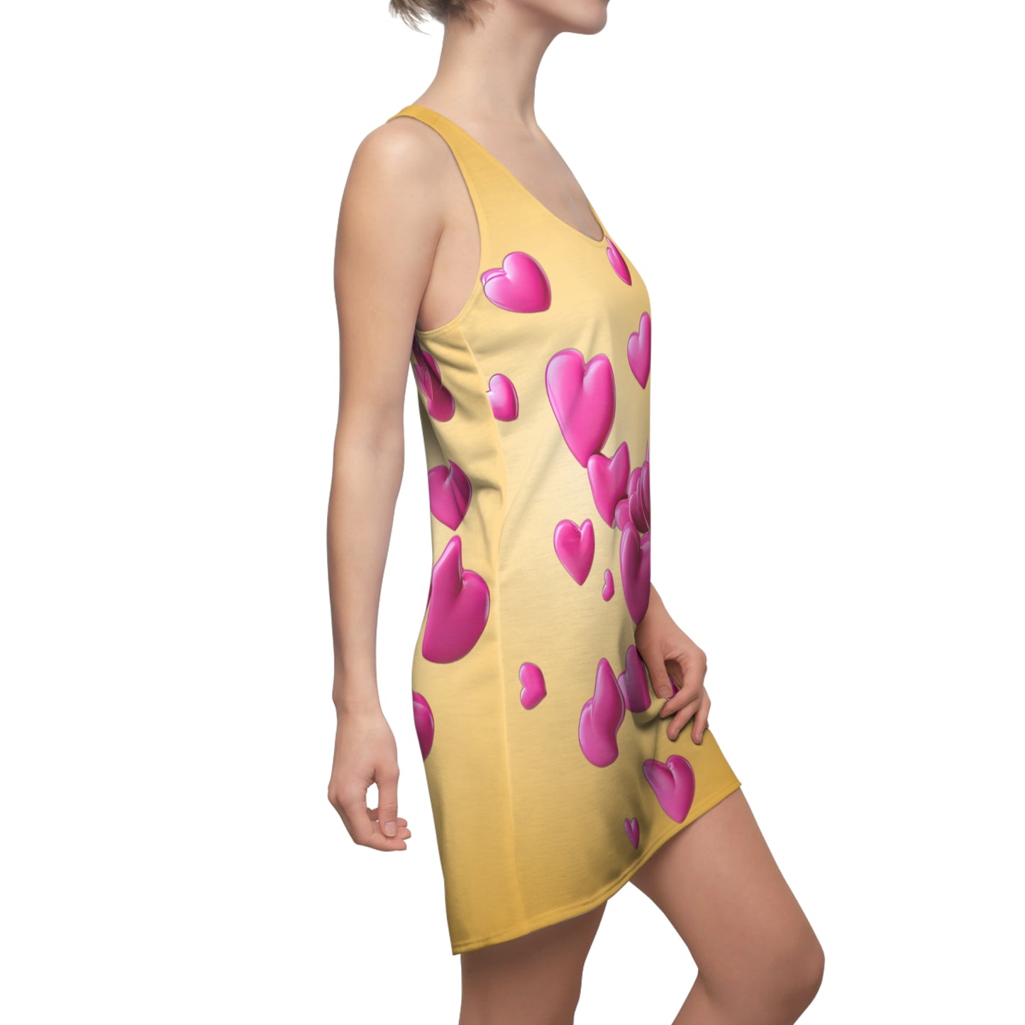 Goldgelbes Racerback Kleid mit pinken 3D Herzen – Farbverlauf