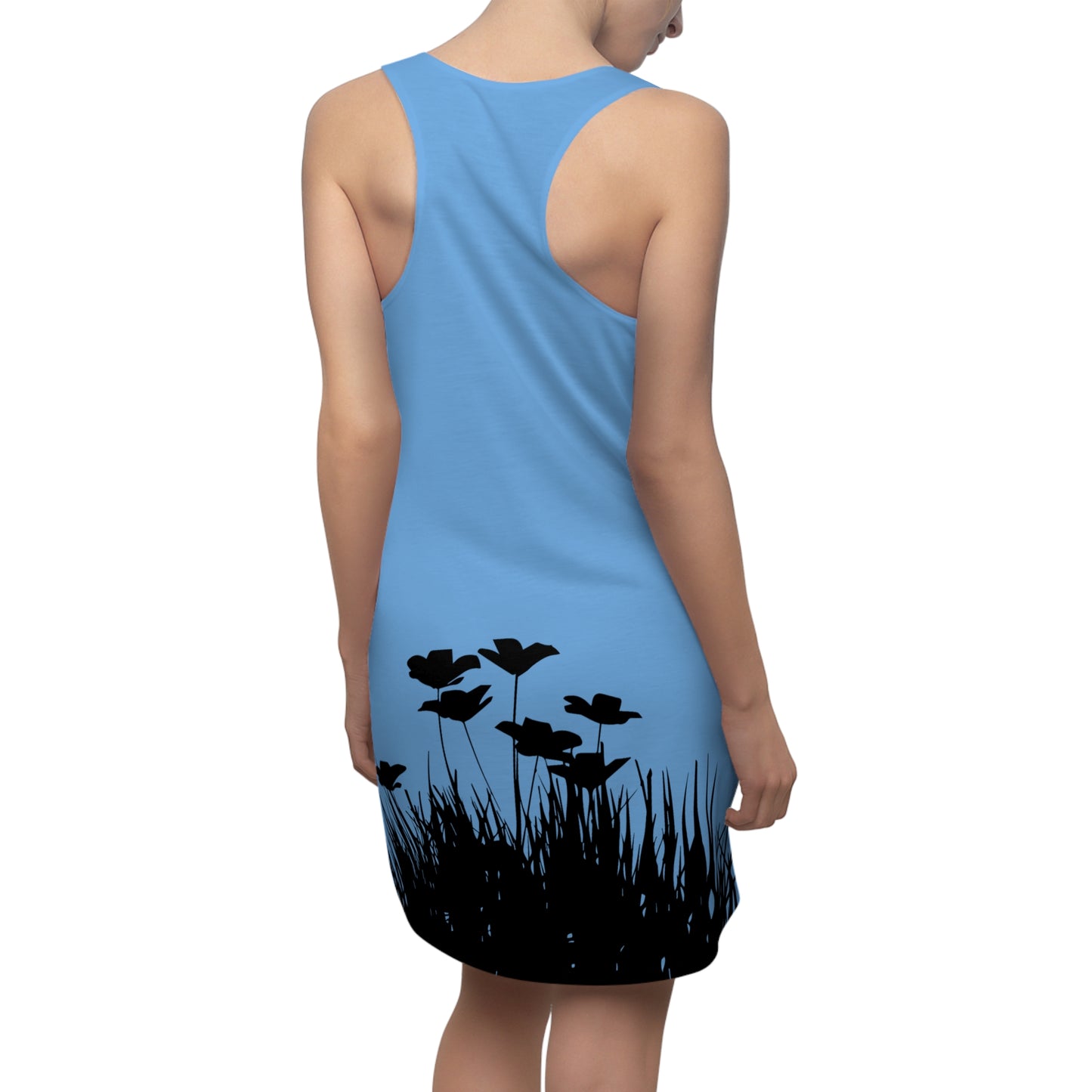 Hellblau Racerback Damenkleid – Botanisches Sommerkleid, Freizeitkleid