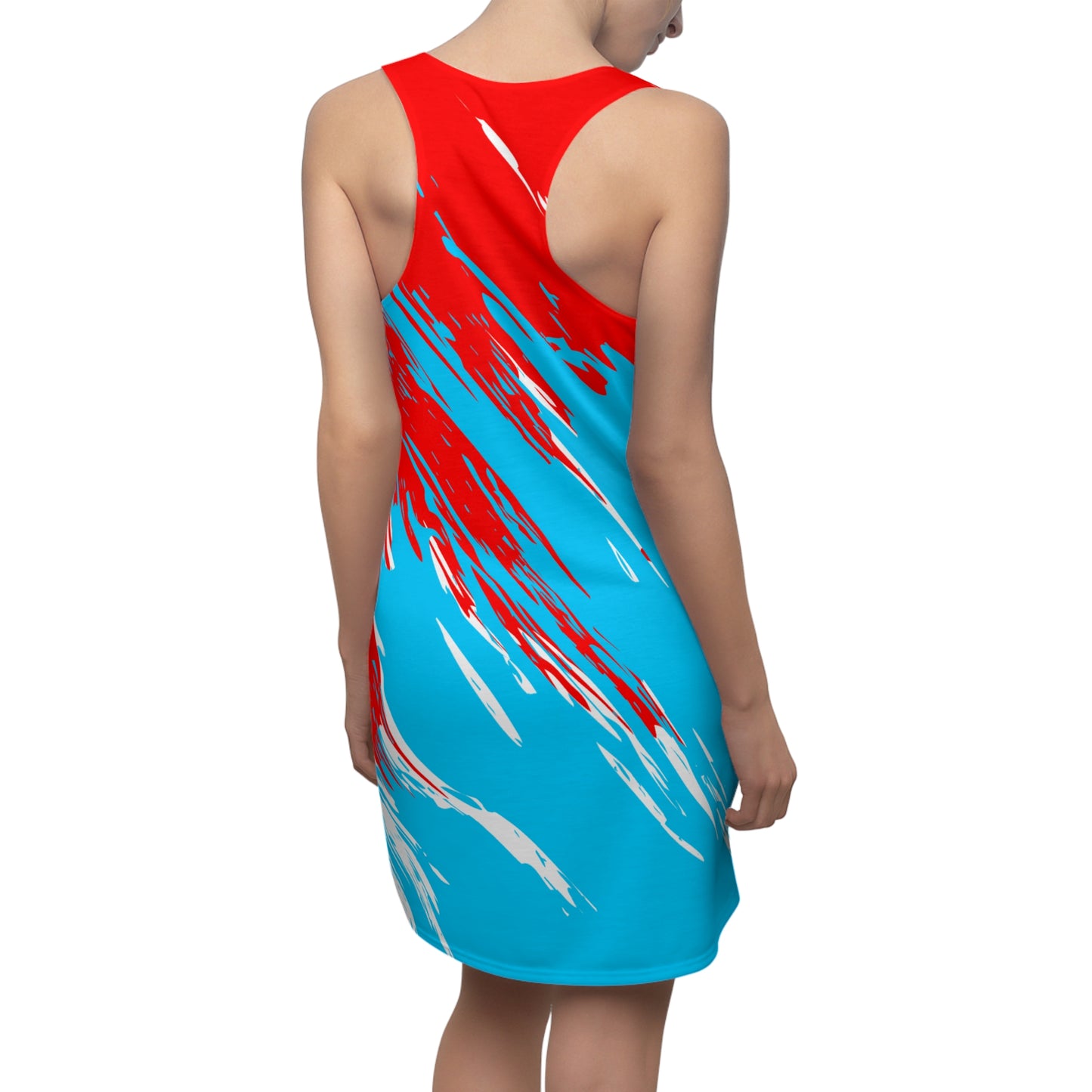 Türkises Racerback Kleid mit rot-weißem Abstract-Print