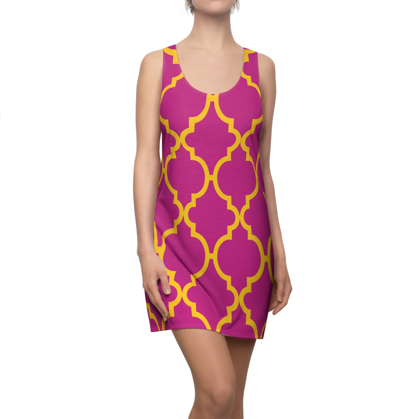 Pinkes Racerback Kleid mit gelbem Ornamentmuster