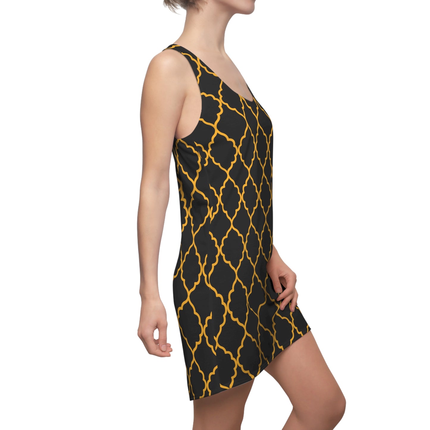 Schwarzes Racerback Kleid mit goldenem Ornamentmuster