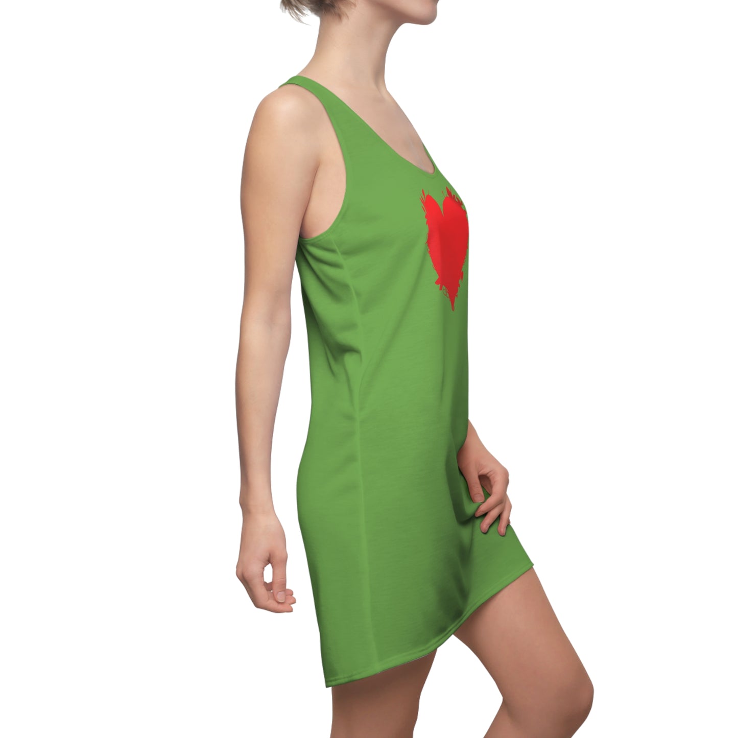 Grünes Racerback Kleid mit rotem Herzmotiv – Minimal Design