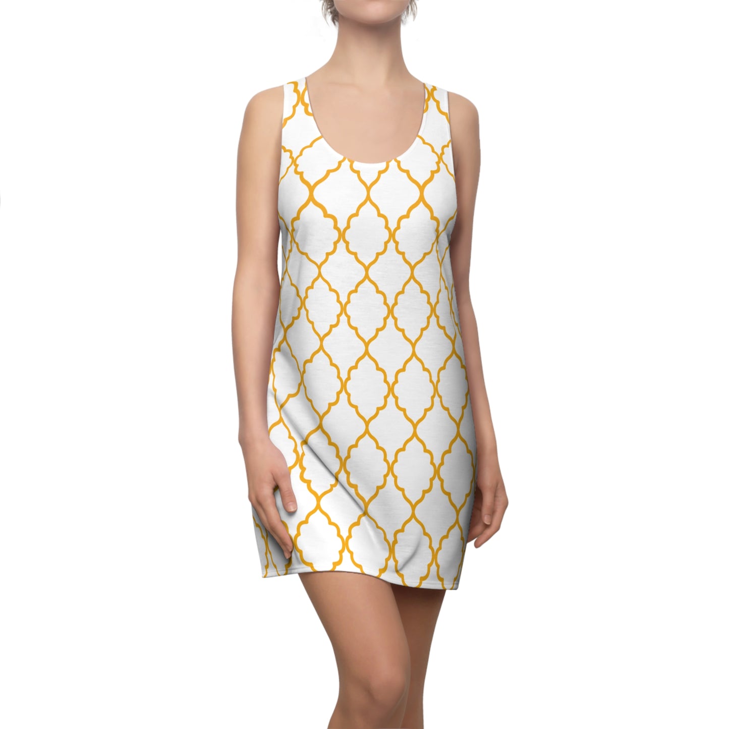 Weisses Racerback Kleid mit goldenem Ornamentmuster