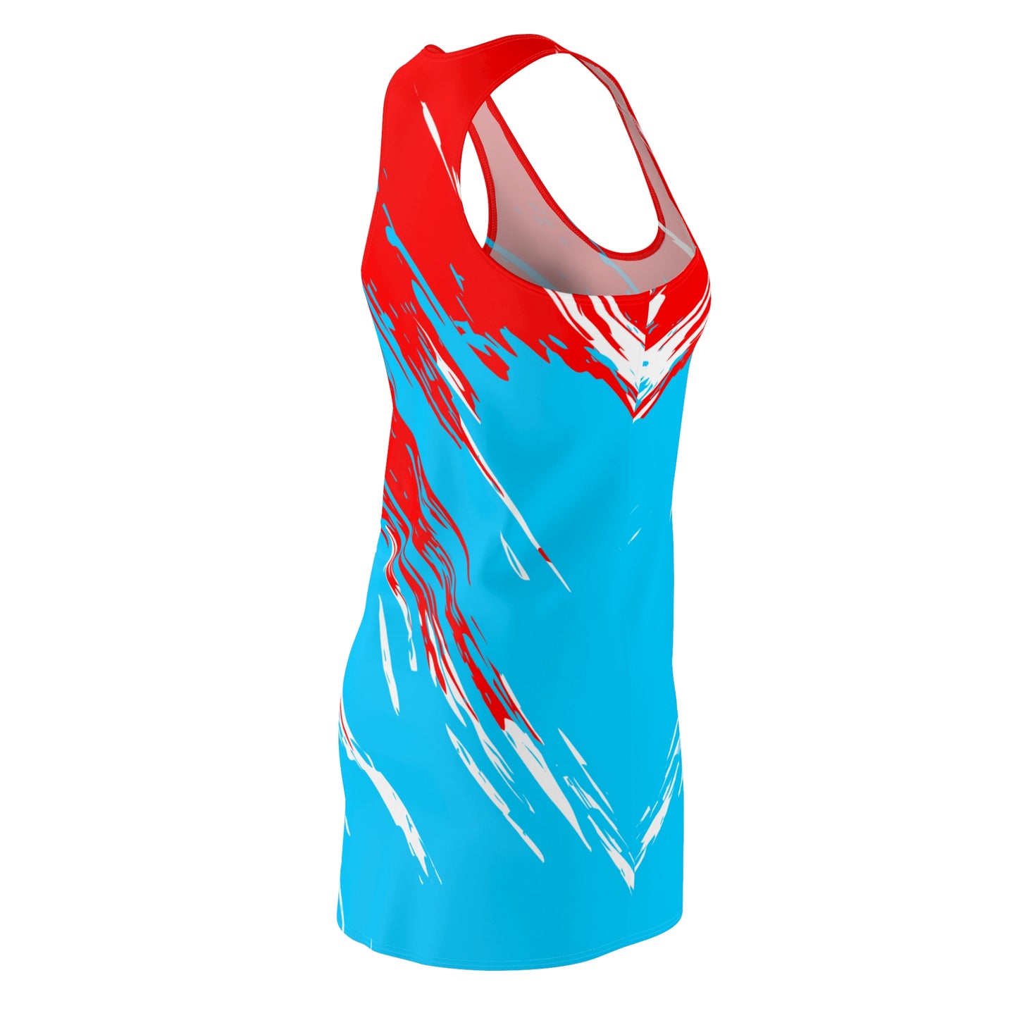Türkises Racerback Kleid mit rot-weißem Abstract-Print