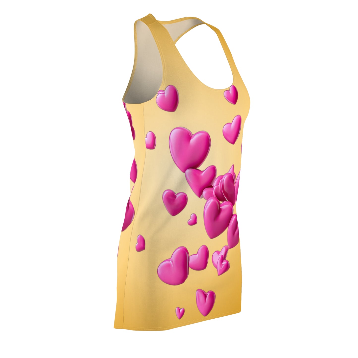 Goldgelbes Racerback Kleid mit pinken 3D Herzen – Farbverlauf