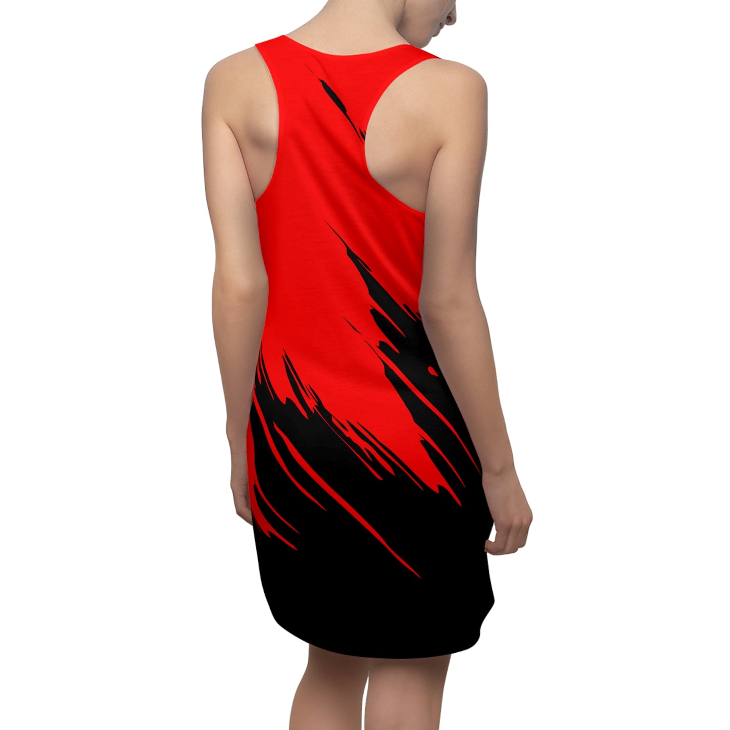 Rotes Racerback Kleid mit schwarzem Brushstroke-Design