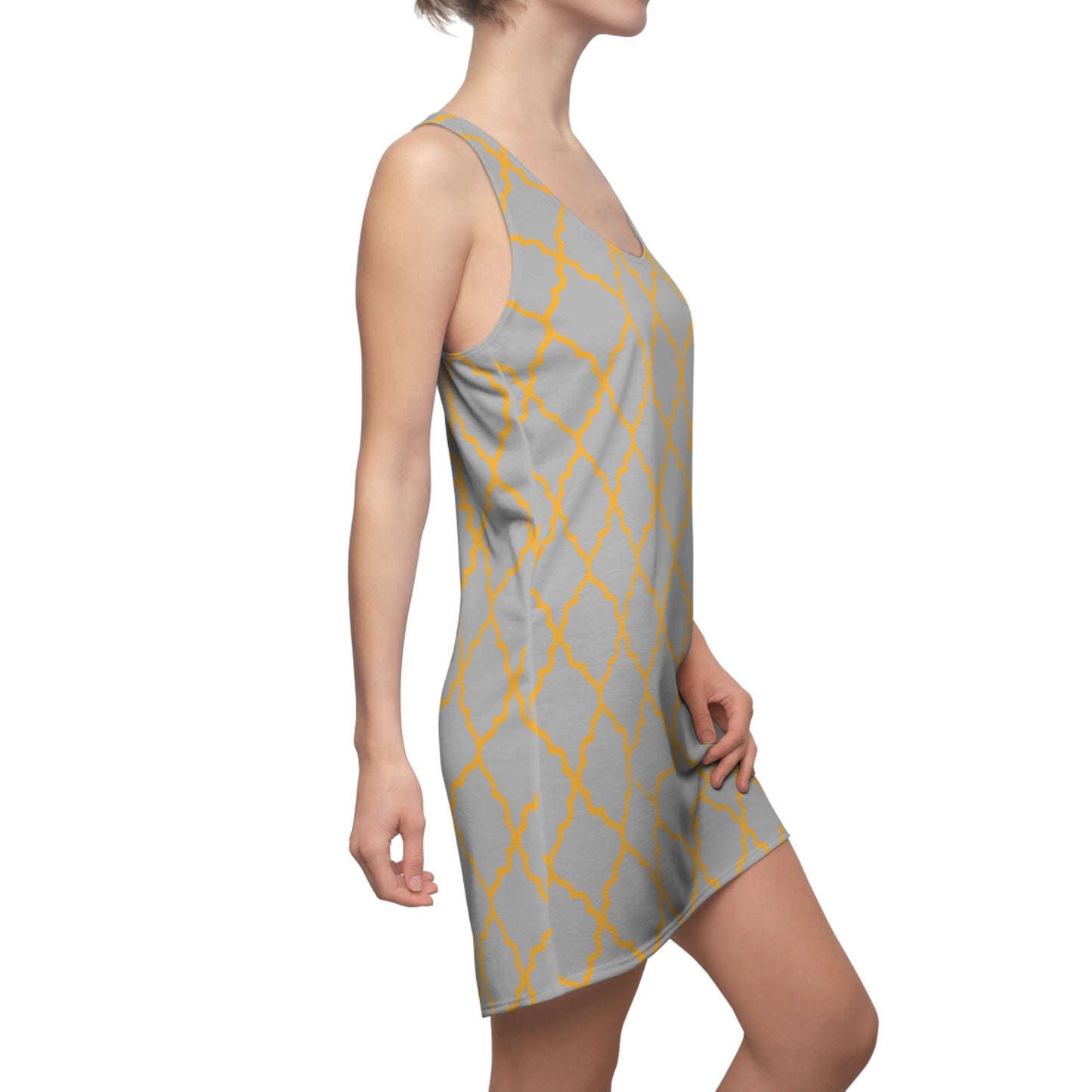 Graues Racerback Kleid mit goldenem Ornamentmuster