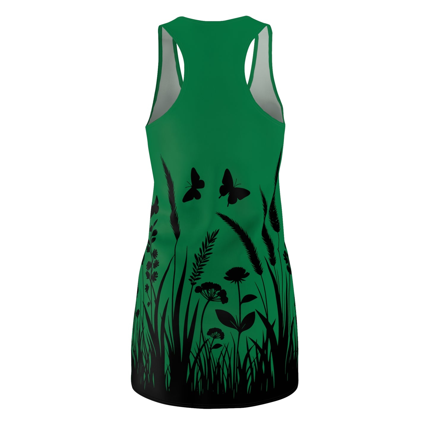 Dunkelgrünes Naturmuster Racerback Kleid – Schmetterling & Blumen Design