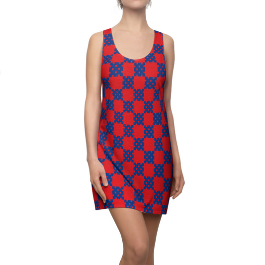 Rot-Blaues Racerback Kleid mit geometrischem Karomuster
