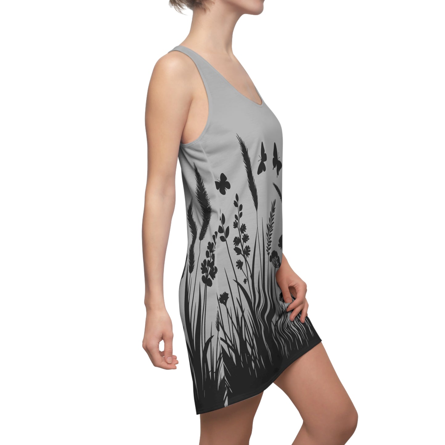 Graues Naturmuster Racerback Kleid – Schmetterling & Blumen Design