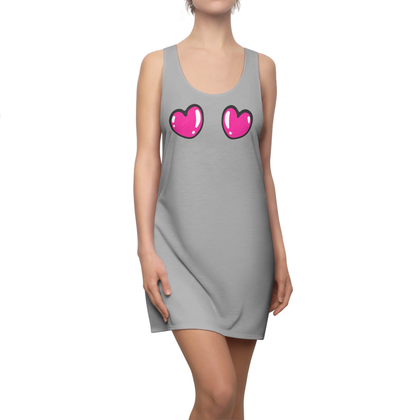 Graues Racerback Kleid mit pinken Comic Herzen