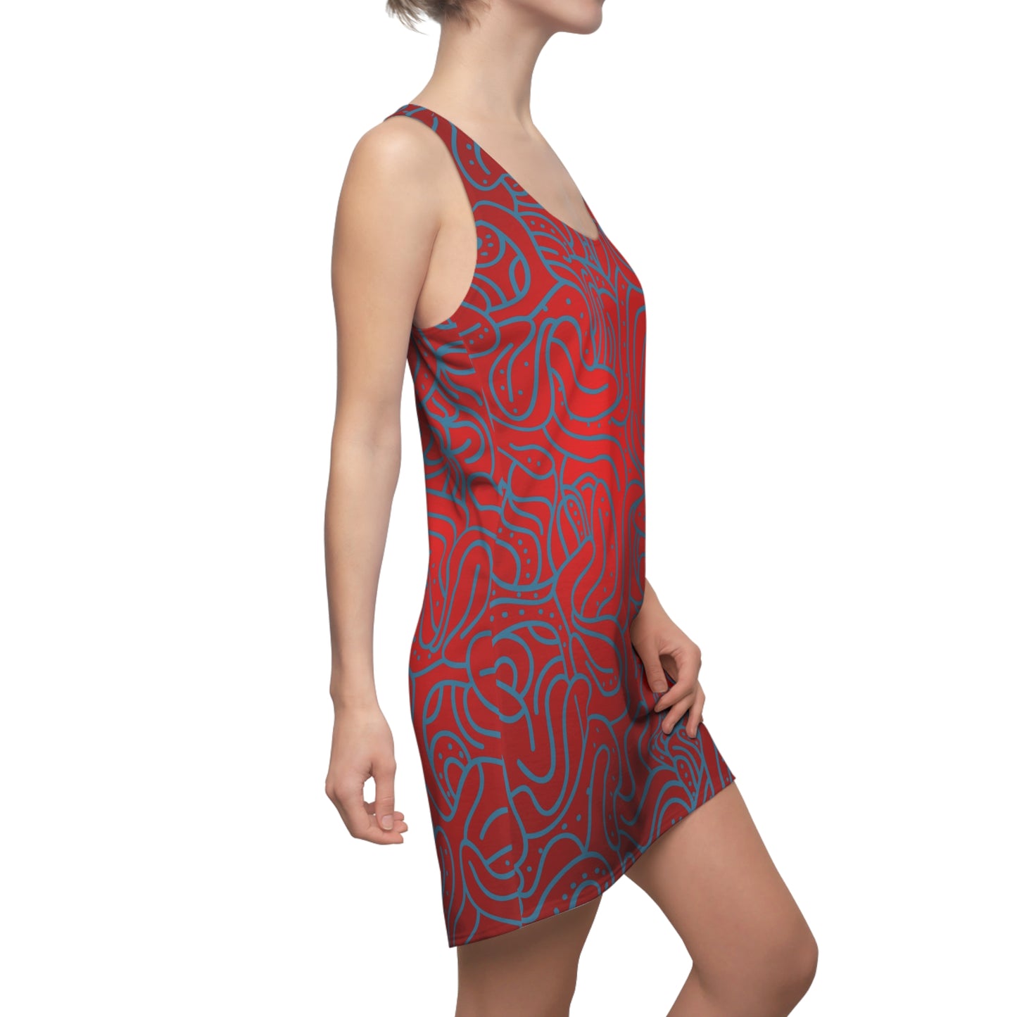 Vibrant Abstract Racerback Dress, Red Summer Dress, Unique Pattern Casual Outfit, Sleeveless Beachwear, Trendy Women’s Fashion