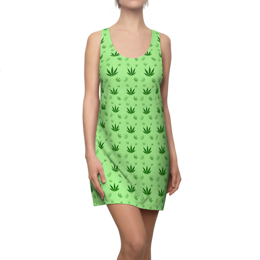 Damen Racerback Kleid Grün mit Cannabis Blättern – Sommer Freizeitkleid
