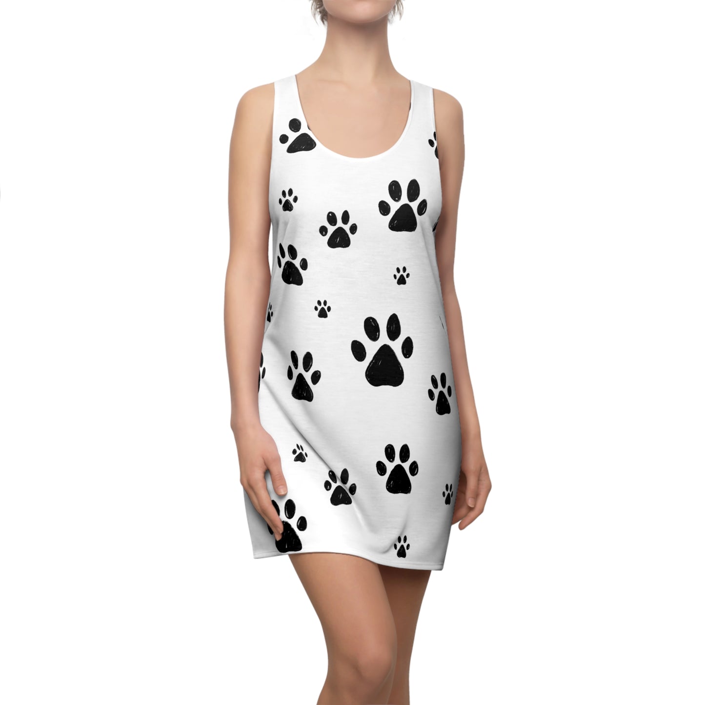 Weißes Racerback Kleid mit schwarzen Pfotenabdrücken