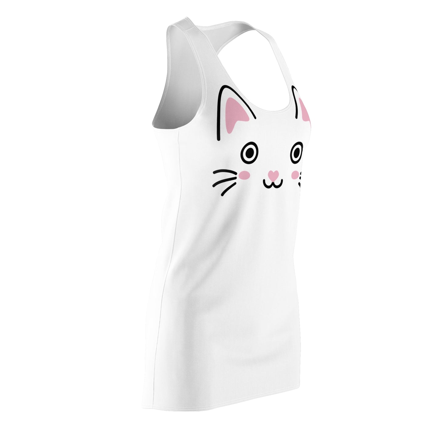 Weißes Racerback Kleid mit Kawaii Katzenface Design