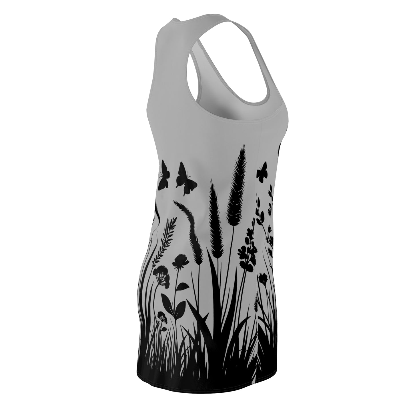 Graues Naturmuster Racerback Kleid – Schmetterling & Blumen Design