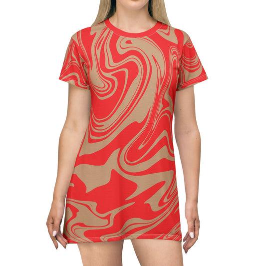 Rotes Damen Kleid Marmor Print T-Shirt Sommer Casual Elegant