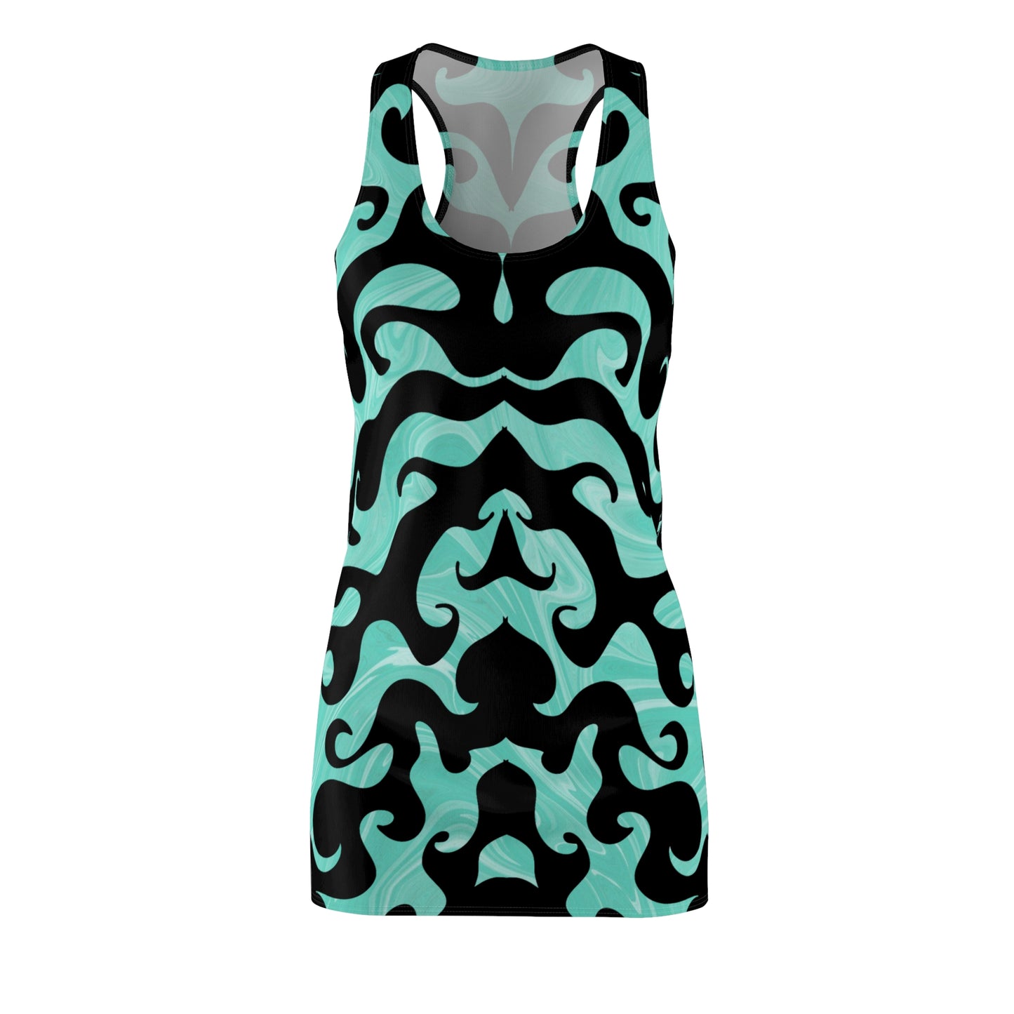 Racerback Kleid mit türkisem Marmormuster und schwarzem Ornamentdesign