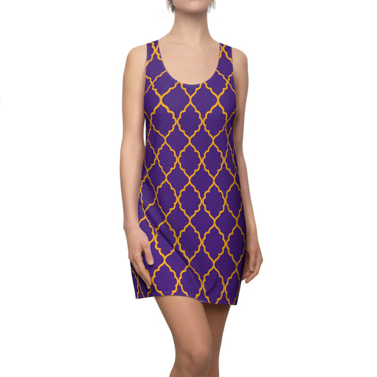 Violettes Racerback Kleid mit goldenem Ornamentmuster