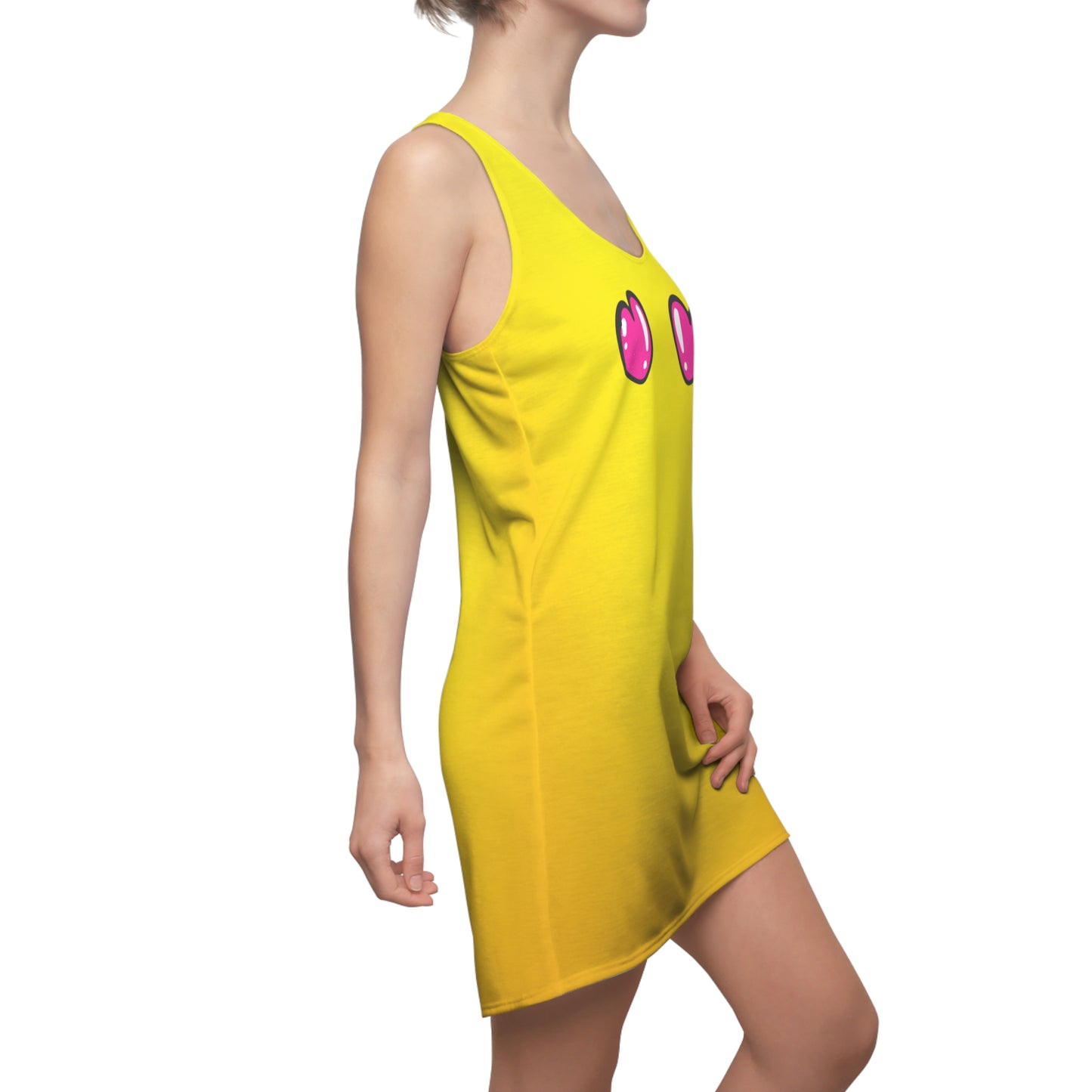 Gelbes Farbverlauf Racerback Kleid mit pinken Comic Herzen