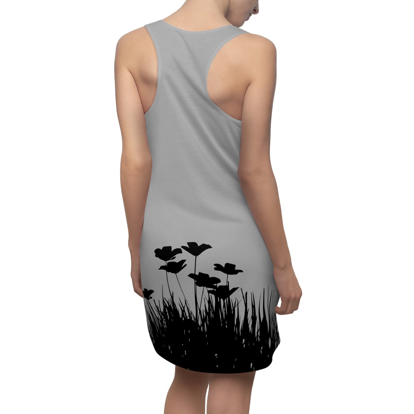 Grau Racerback Damenkleid – Botanisches Sommerkleid, Freizeitkleid