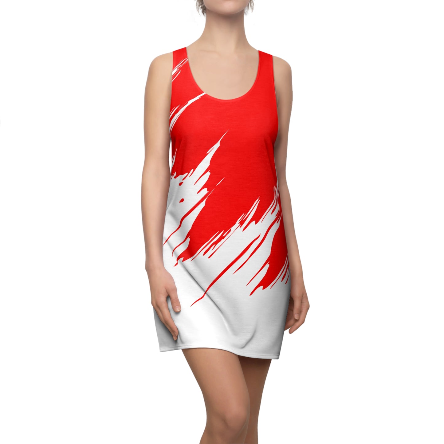 Rotes Racerback Kleid mit weißem Brushstroke-Design