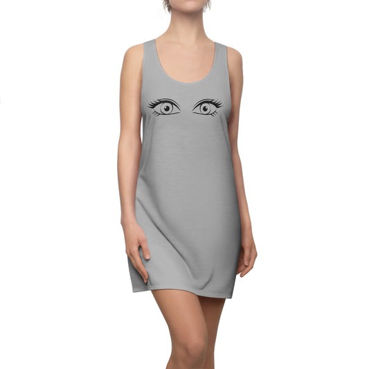 Graues Racerback Kleid mit Augen Motiv – Minimal Print