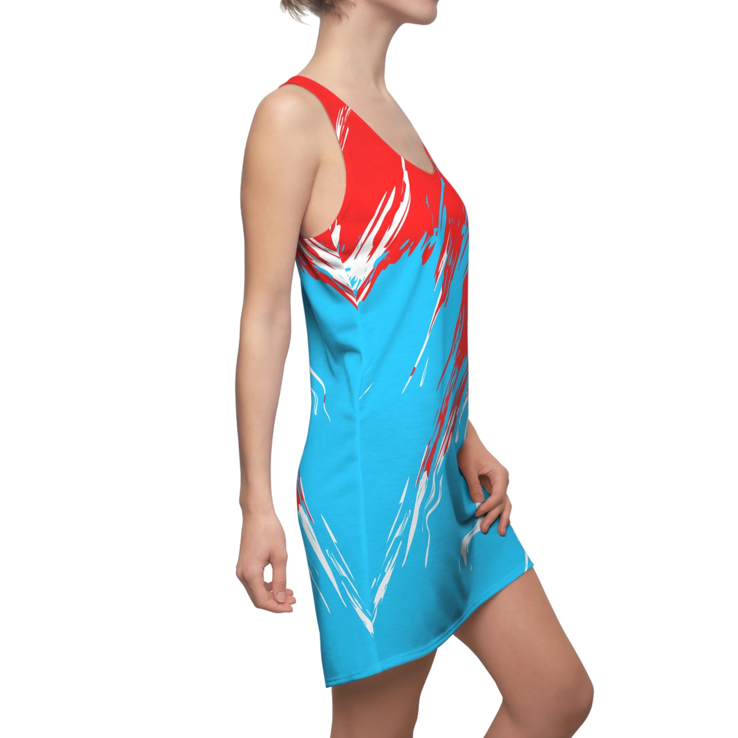 Türkises Racerback Kleid mit rot-weißem Abstract-Print