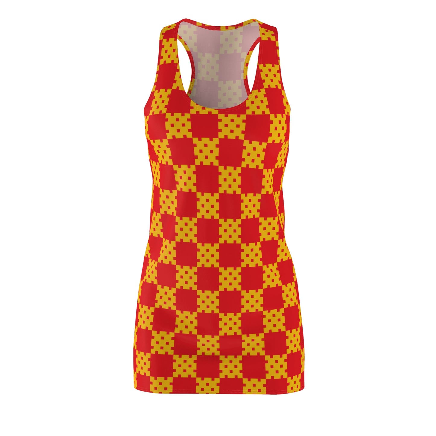 Rot-Gelbes Racerback Kleid mit geometrischem Karomuster
